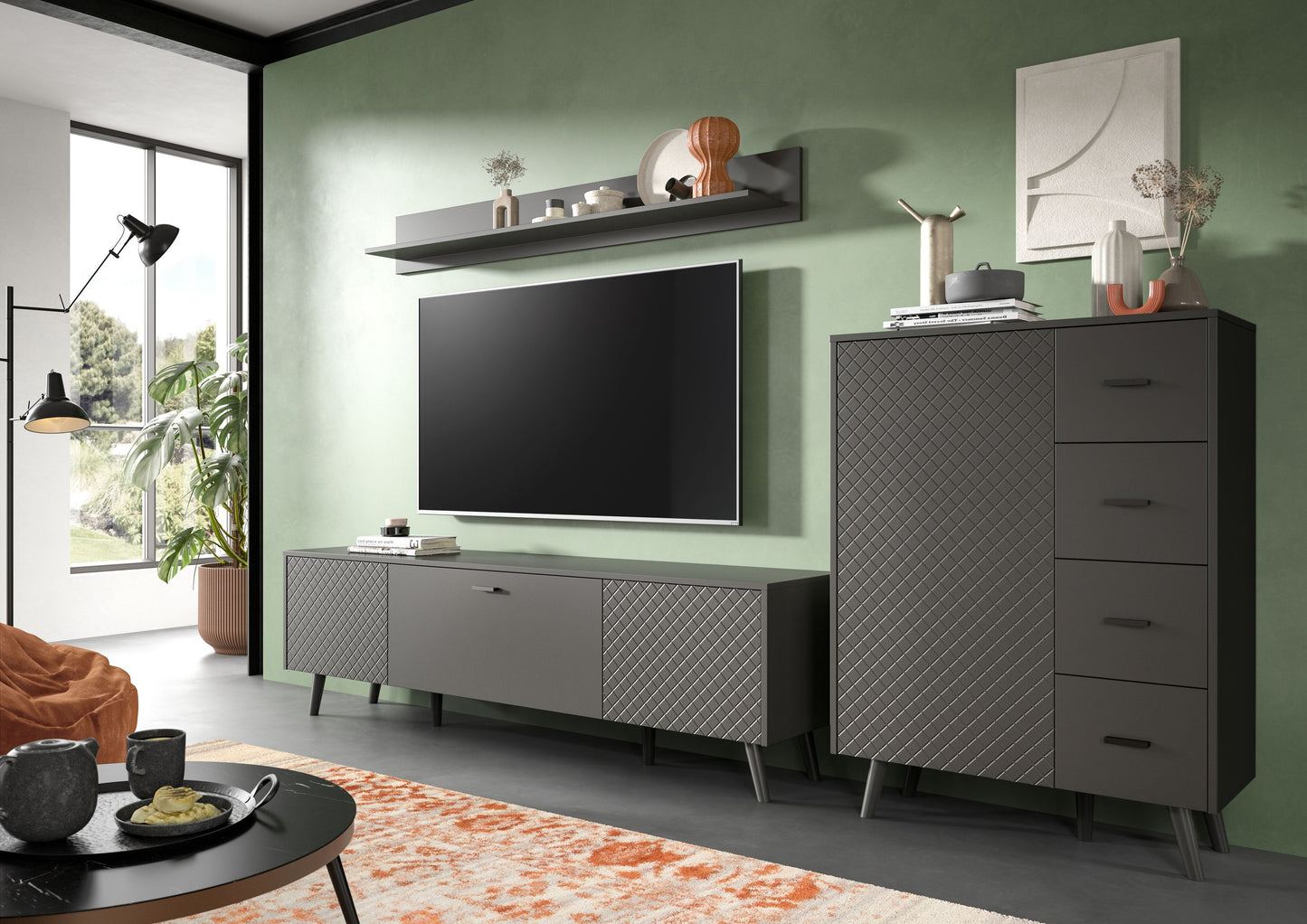 Homes & Jones Wohnwand Set 3-tlg. matt Grau, Lowboard für TV bis zu 70 Zoll