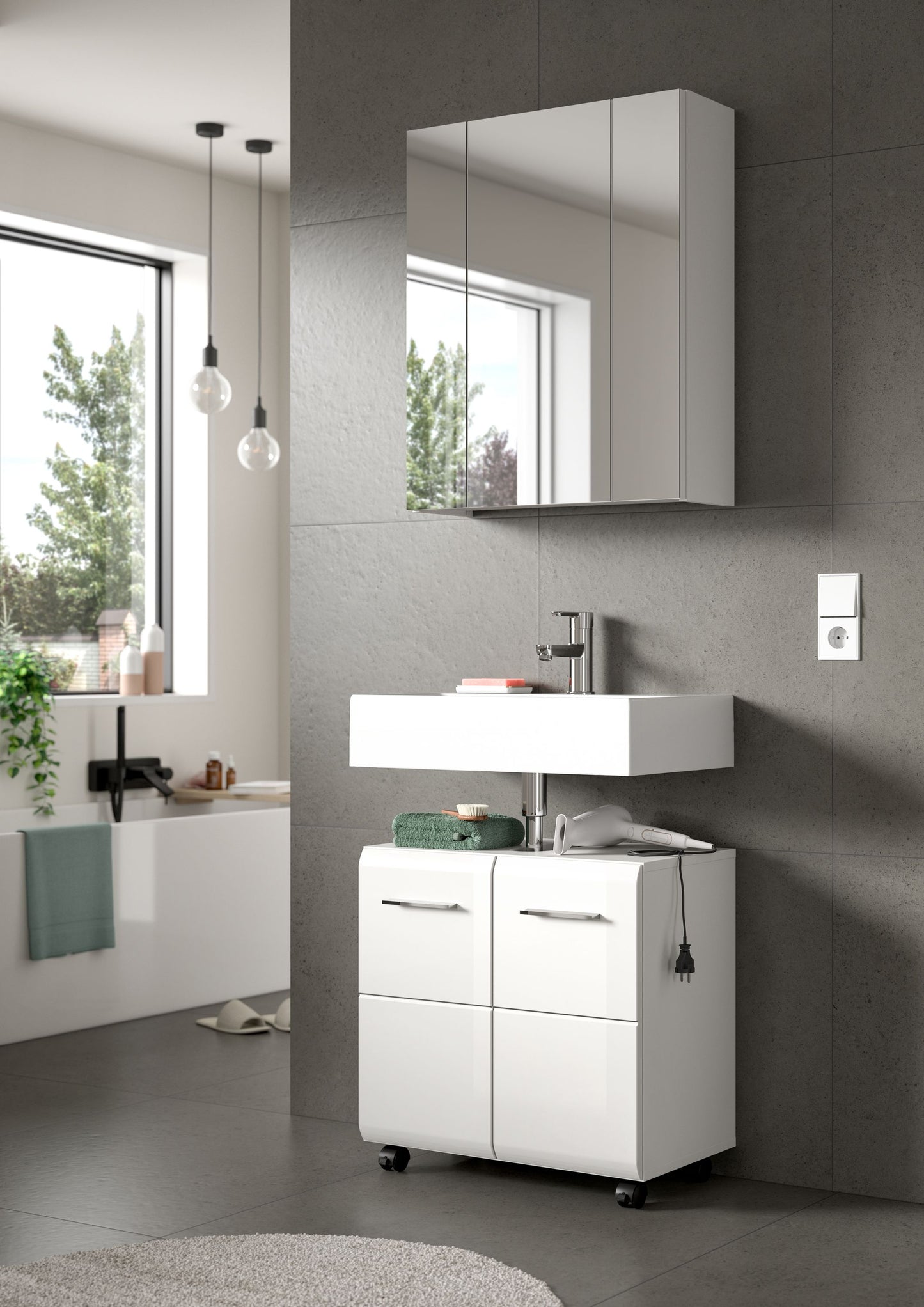 Ensemble de salle de bain sur roulettes ICE (L/H/P : env. 60/185/30 cm) imitation chêne Nox/noir mat