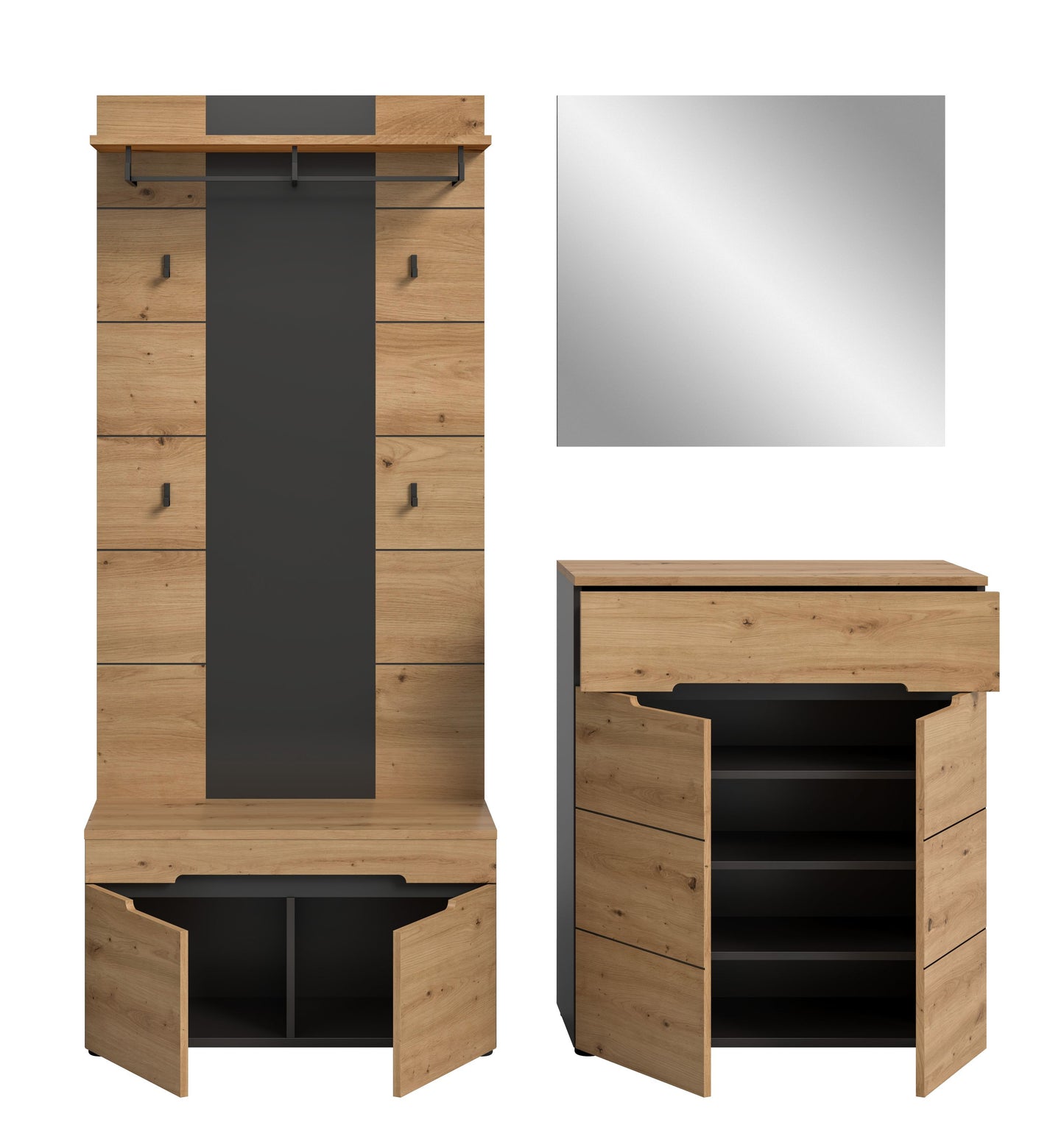 Homes & Jones Garderobenset 4-tlg., 1x Paneel, Sitzbank, Kommode und Spiegel