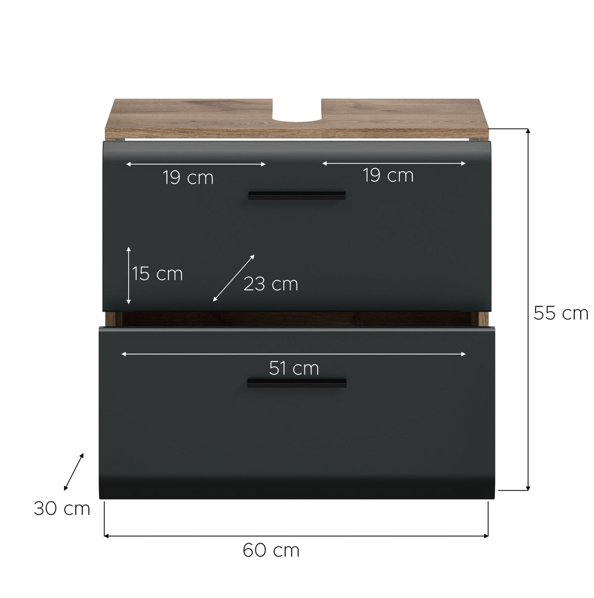 Waschbeckenunterschrank in Dunkelgrau, 60 cm breit, mit Maßangaben (55 cm Höhe)