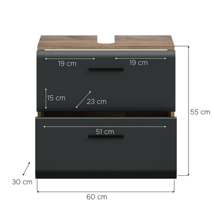 Waschbeckenunterschrank in Dunkelgrau, 60 cm breit, mit Maßangaben (55 cm Höhe)
