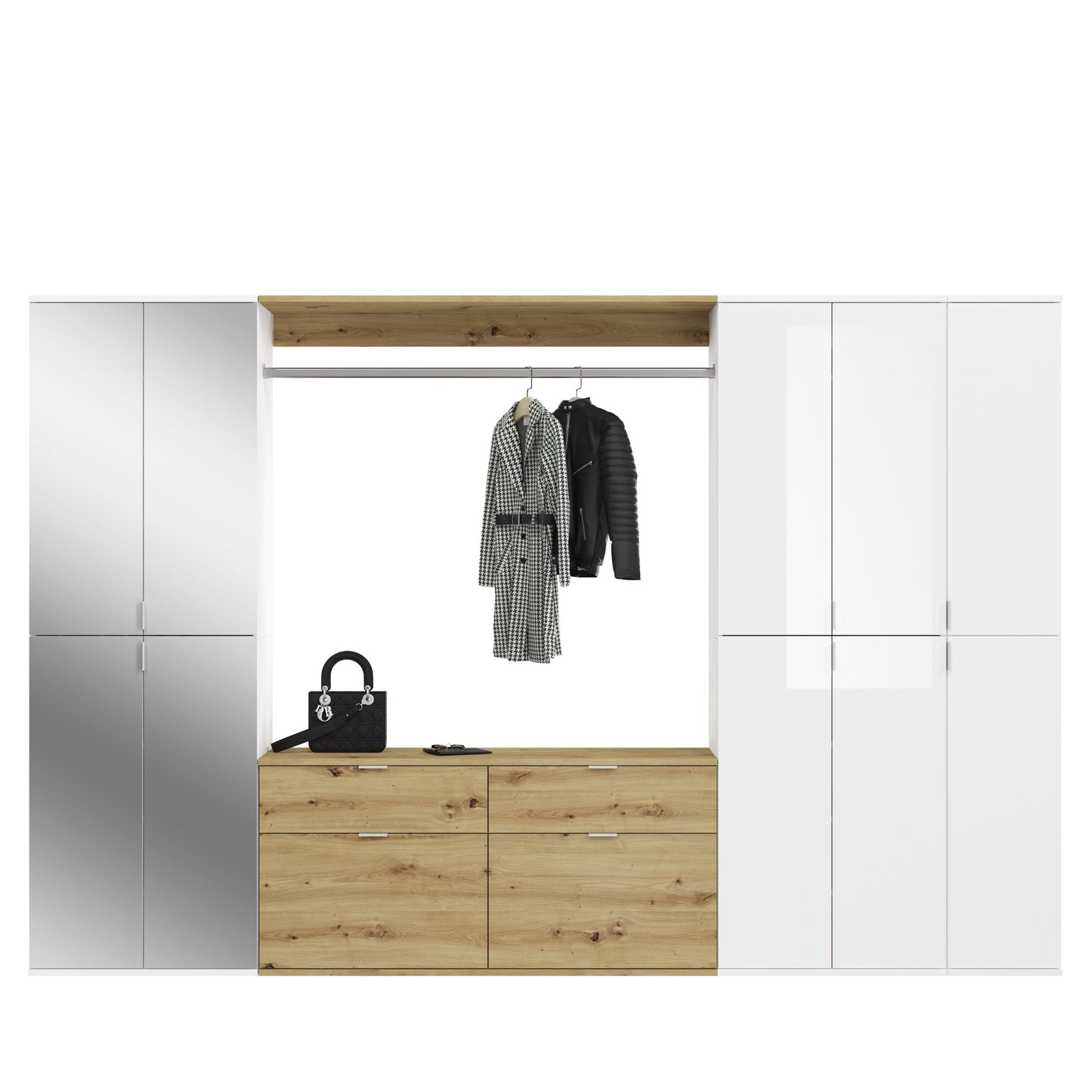 Garderoben- und Schuhschrank-Set mit Kleiderstange und Sitzfläche, Front mit Schubladen