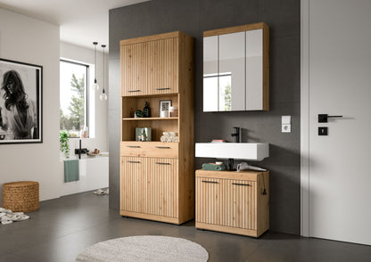 Badezimmerset mit Waschtisch, Unterschrank und großem Spiegel, Holzoptik und weiße Fronten