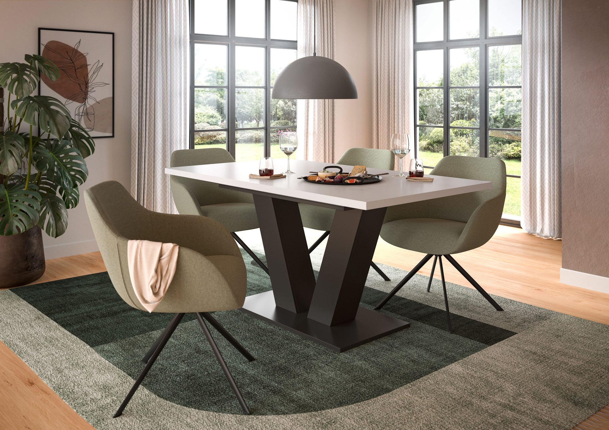 Esstisch mit hellem Plattenbelag und schwarzem X-Gestell im Esszimmer mit Stühlen