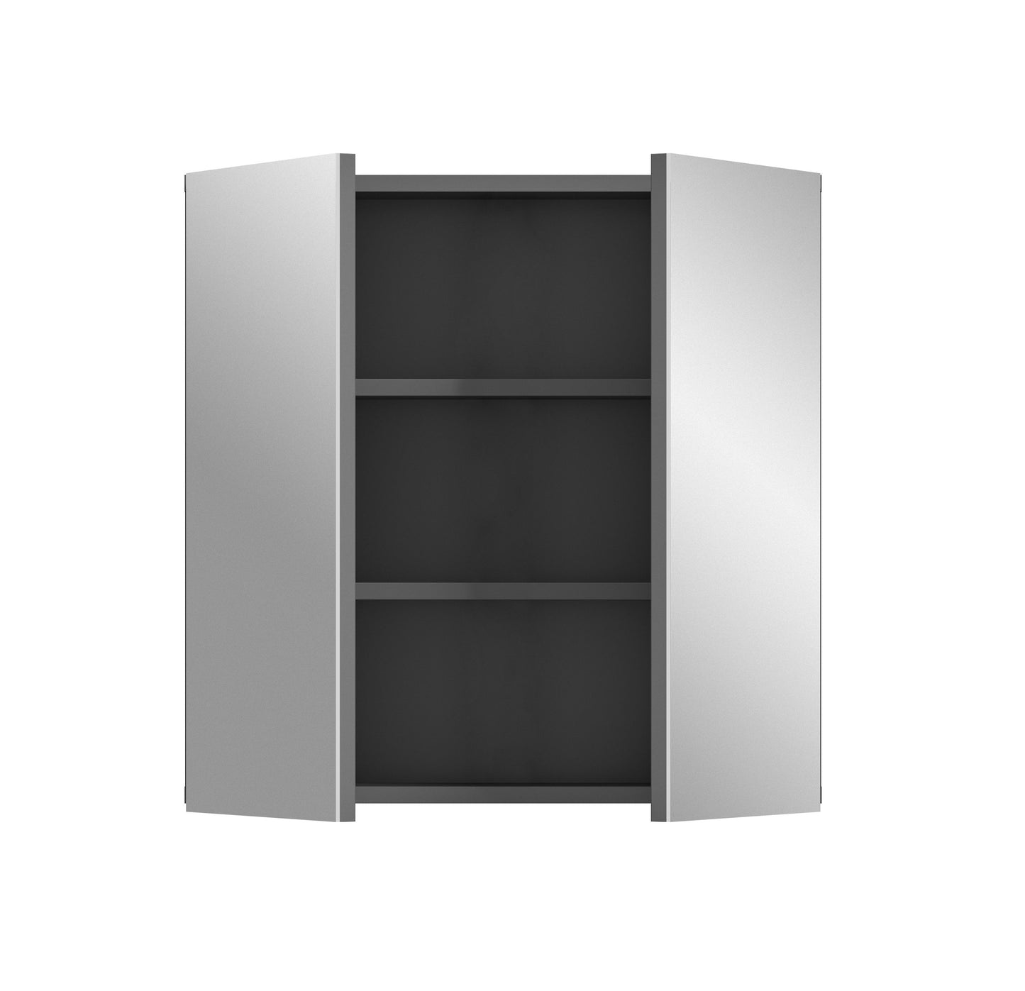 Badspiegelschrank, zwei Türen geöffnet, Innenfächer, graues Gehäuse