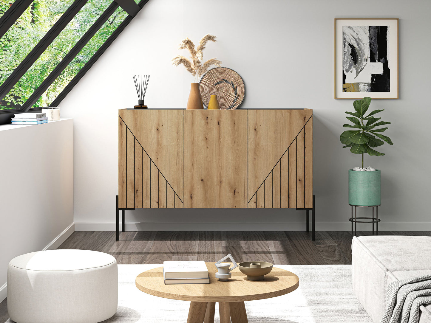Sideboard mit 3 Türen, Holzoptik, diagonale Linien, schwarze Standbeine