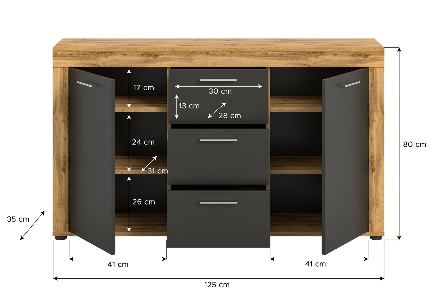 Homes & Jones Sideboard 125 cm breit mit 3 Schubladen, Mehrzweckschrank