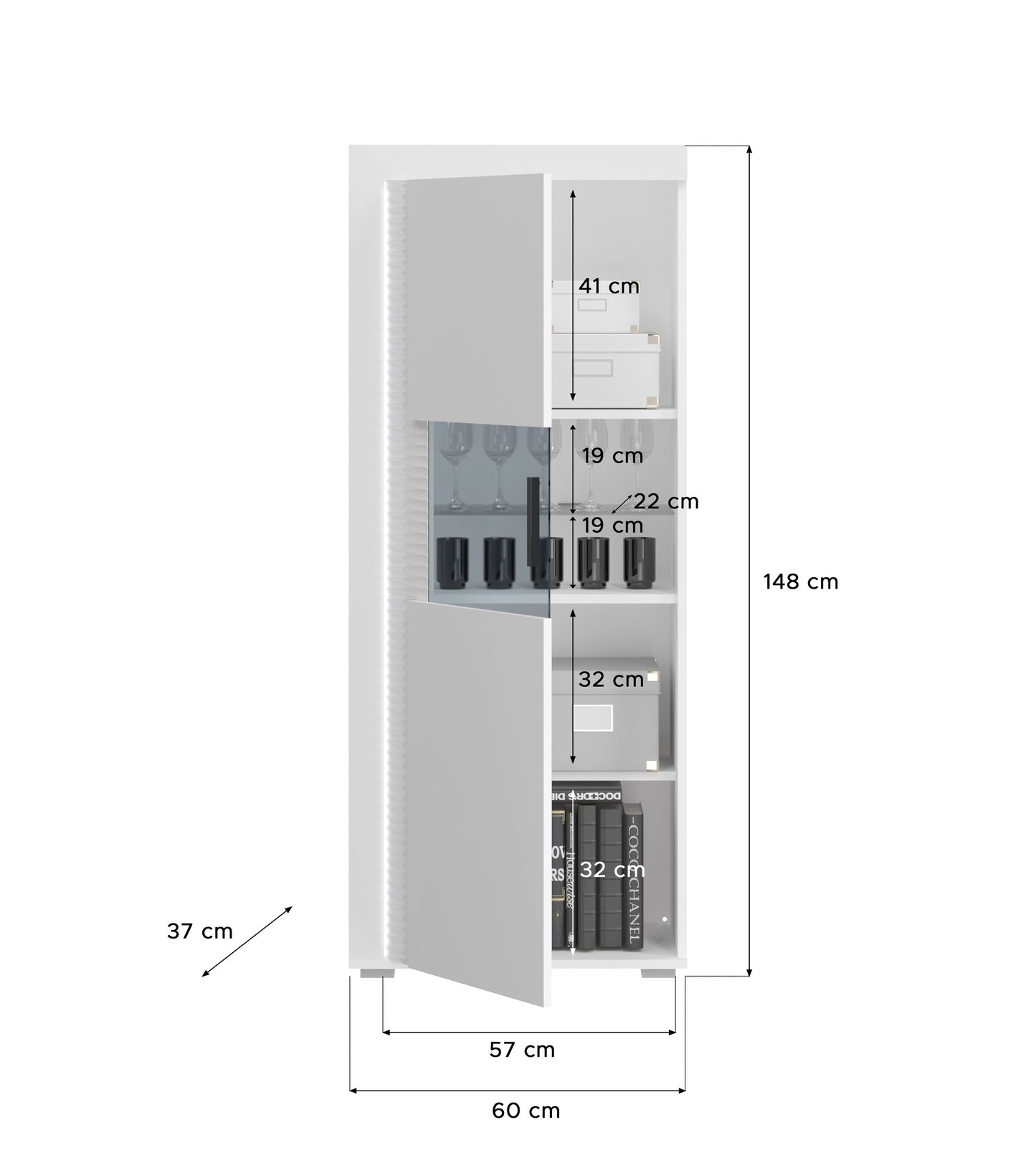 Homes & Jones Vitrine weiß Hochglanz, Wohnzimmerschrank inkl. Beleuchtung