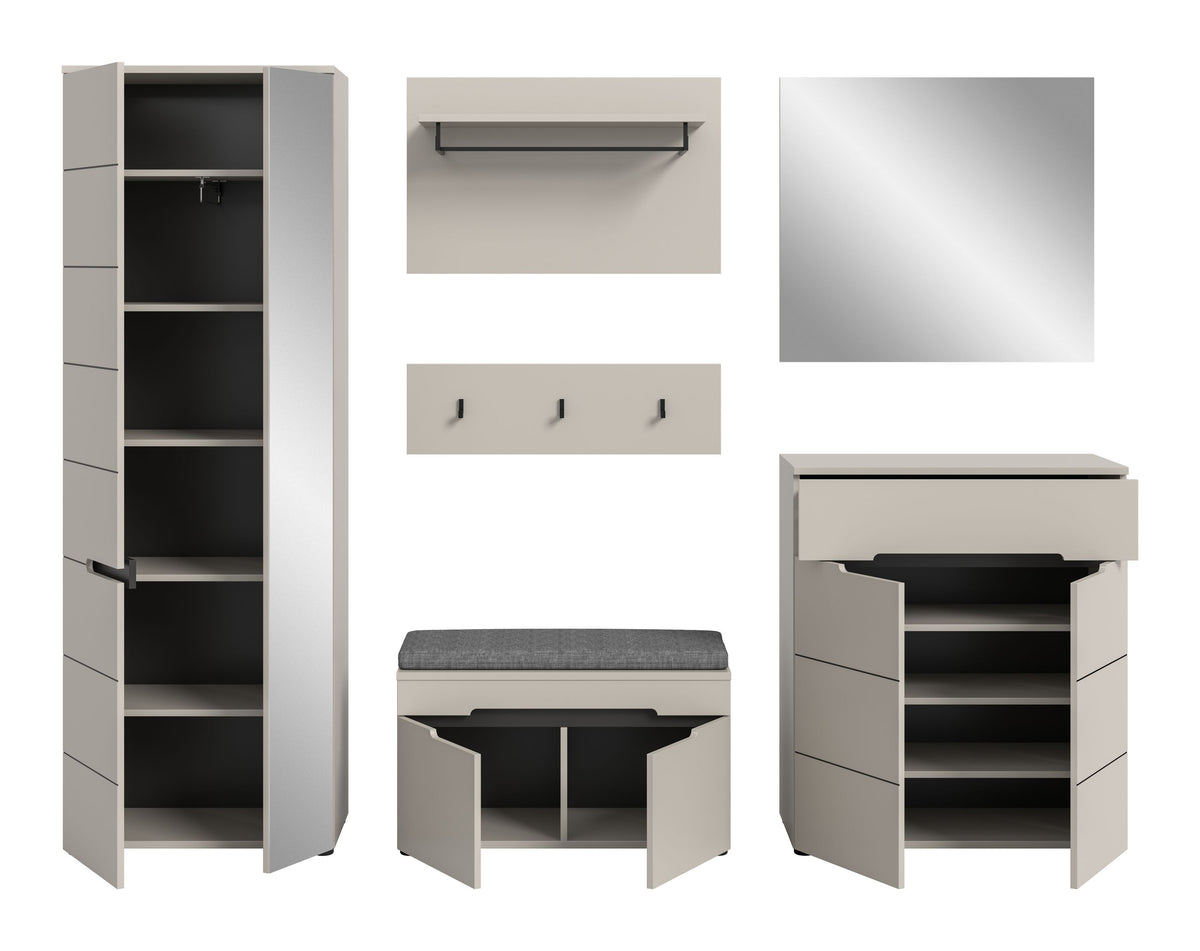 Garderoben-Set mit geöffnetem Stauraumschrank, Kleiderstange, Schuhbank und Ablage