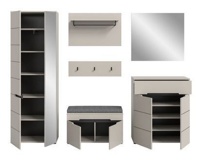 Garderoben-Set mit geöffnetem Stauraumschrank, Kleiderstange, Schuhbank und Ablage