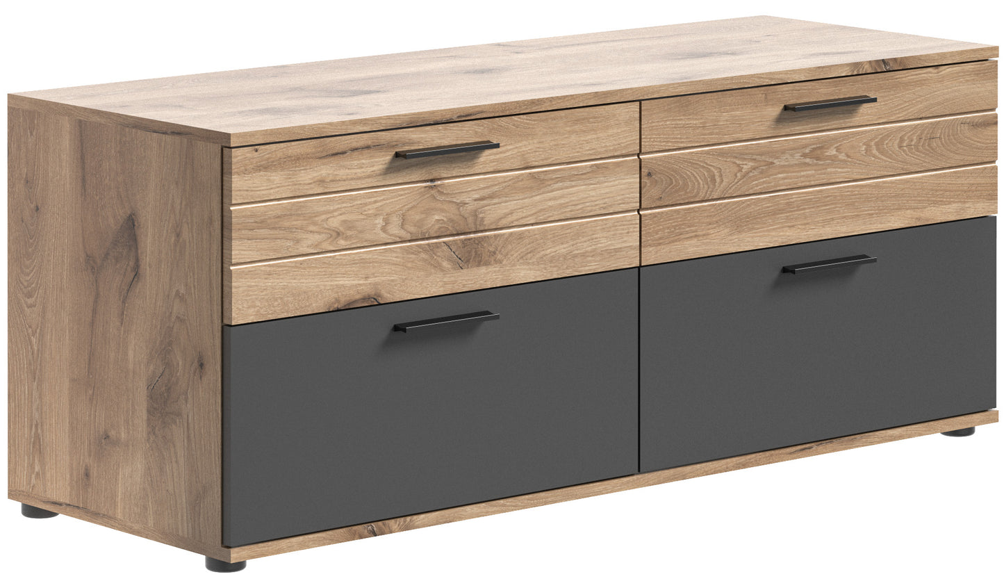 Meuble TV MASON (L/H/P : env. 130/53/47 cm) aspect chêne Nox/gris basalte