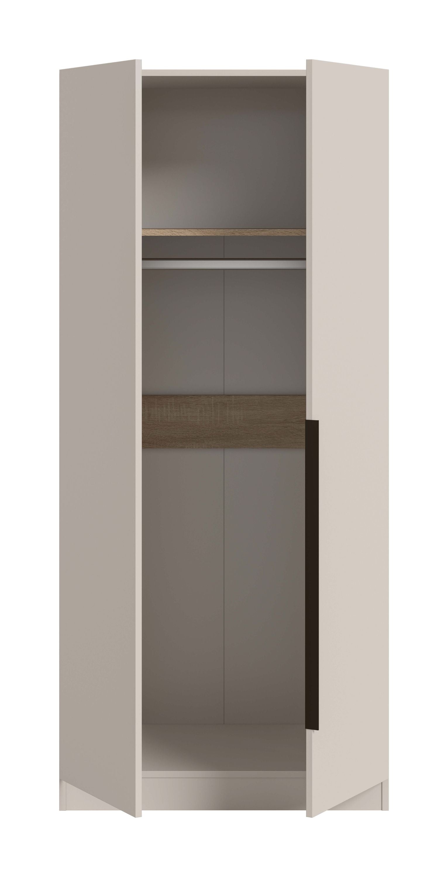 Geöffneter Zweitürer: Kleiderschrank mit Fächern und Regalböden
