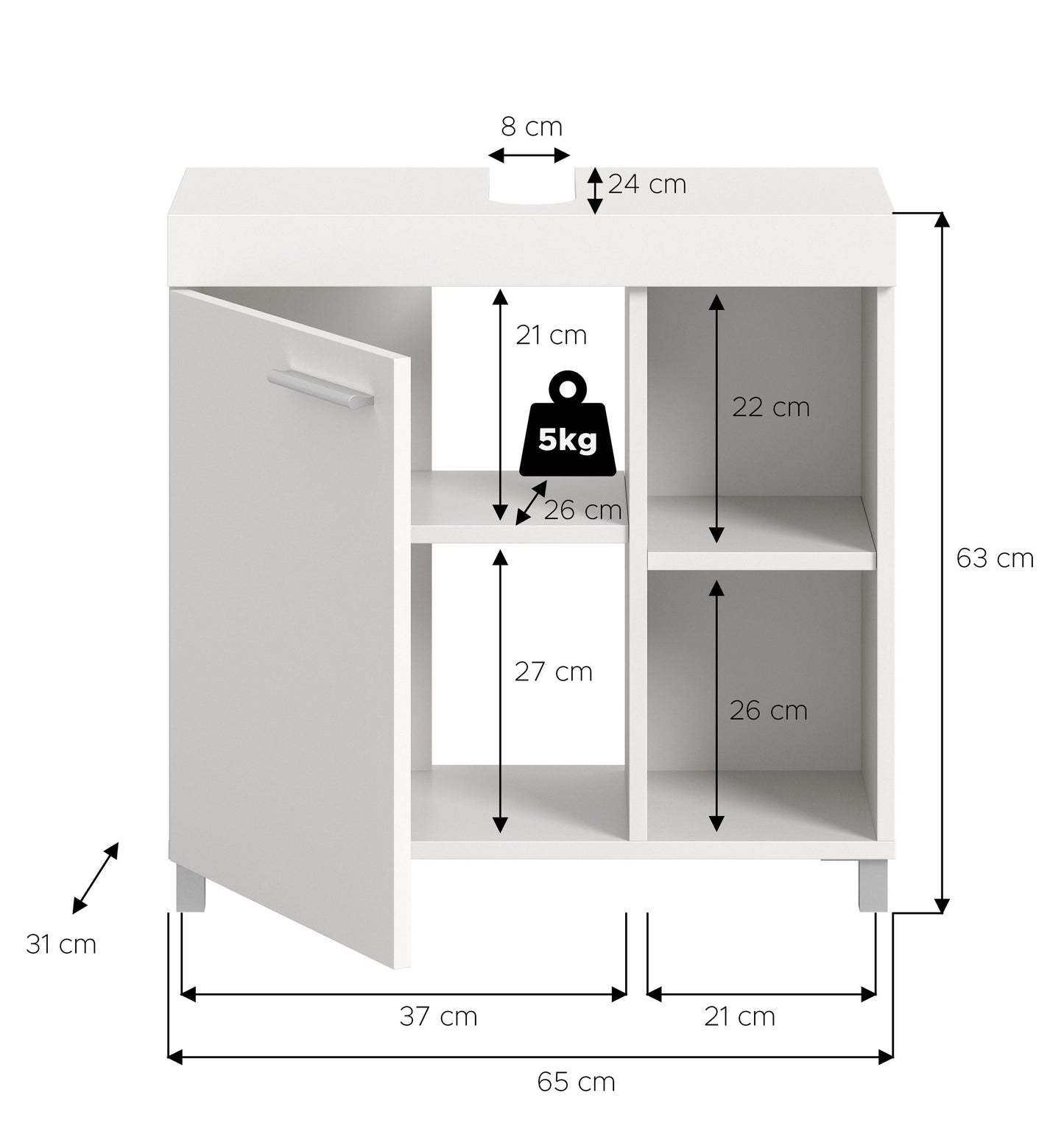 Meuble bas sous lavabo NOAH (L/H/P : env. 65/63/31 cm) en blanc/blanc