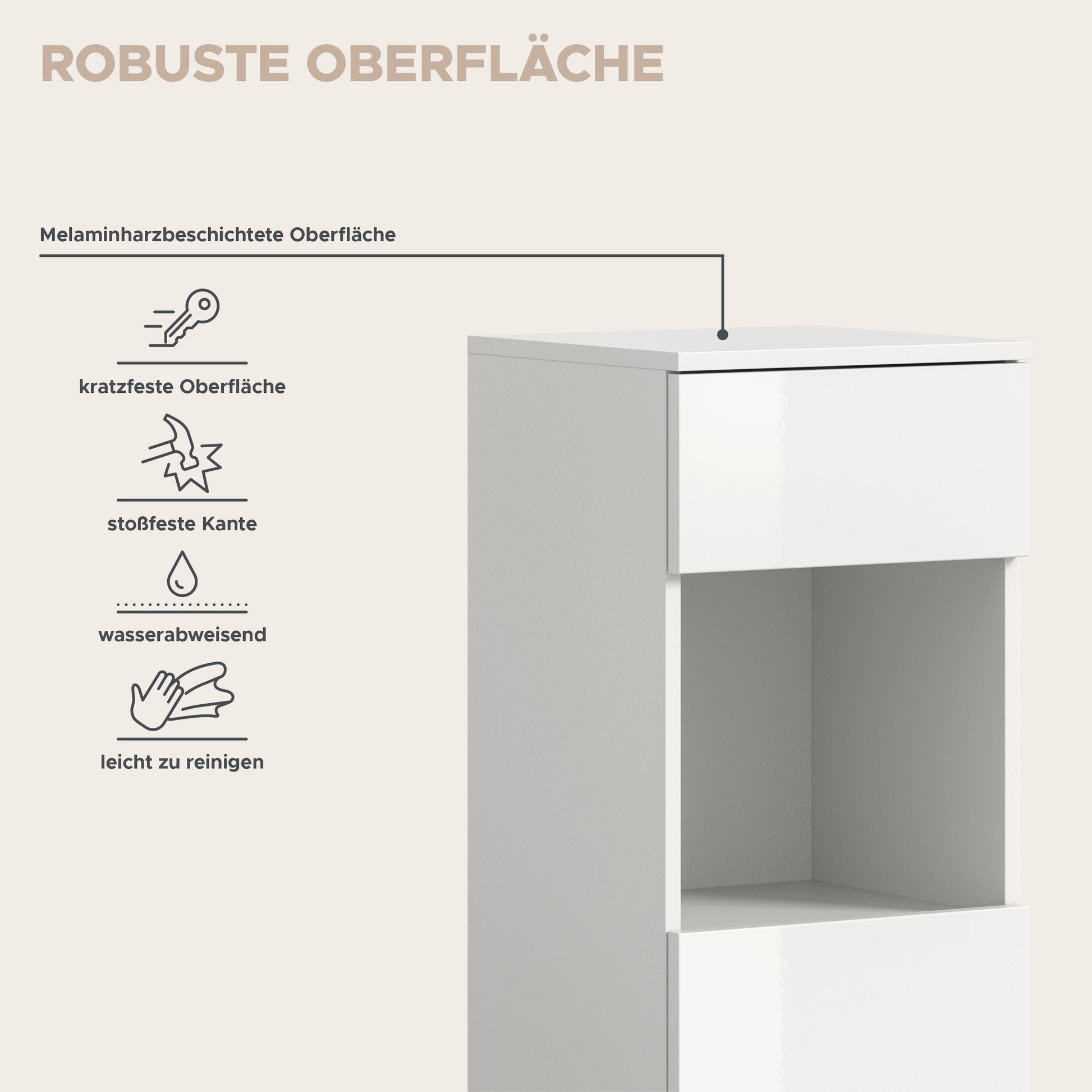 Badkommode mit robuster Melaminharz-Oberfläche: wasserabweisend und leicht zu reinigen