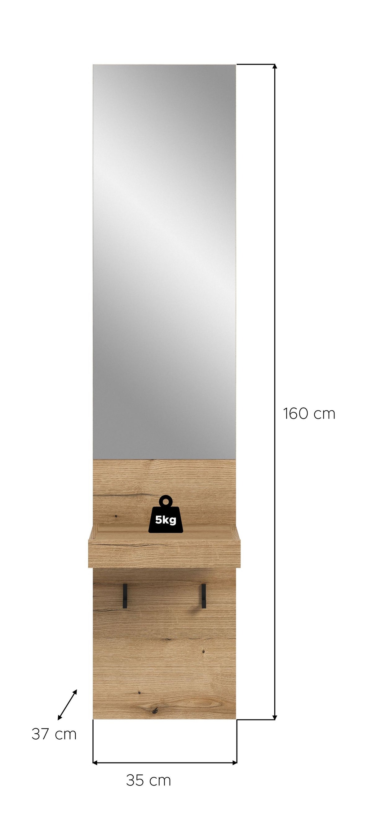 Coat Rack/Mirror Panel NARO (W/H/D: approx. 35/160/37 cm) in Evoke Oak finish/Evoke Oak finish