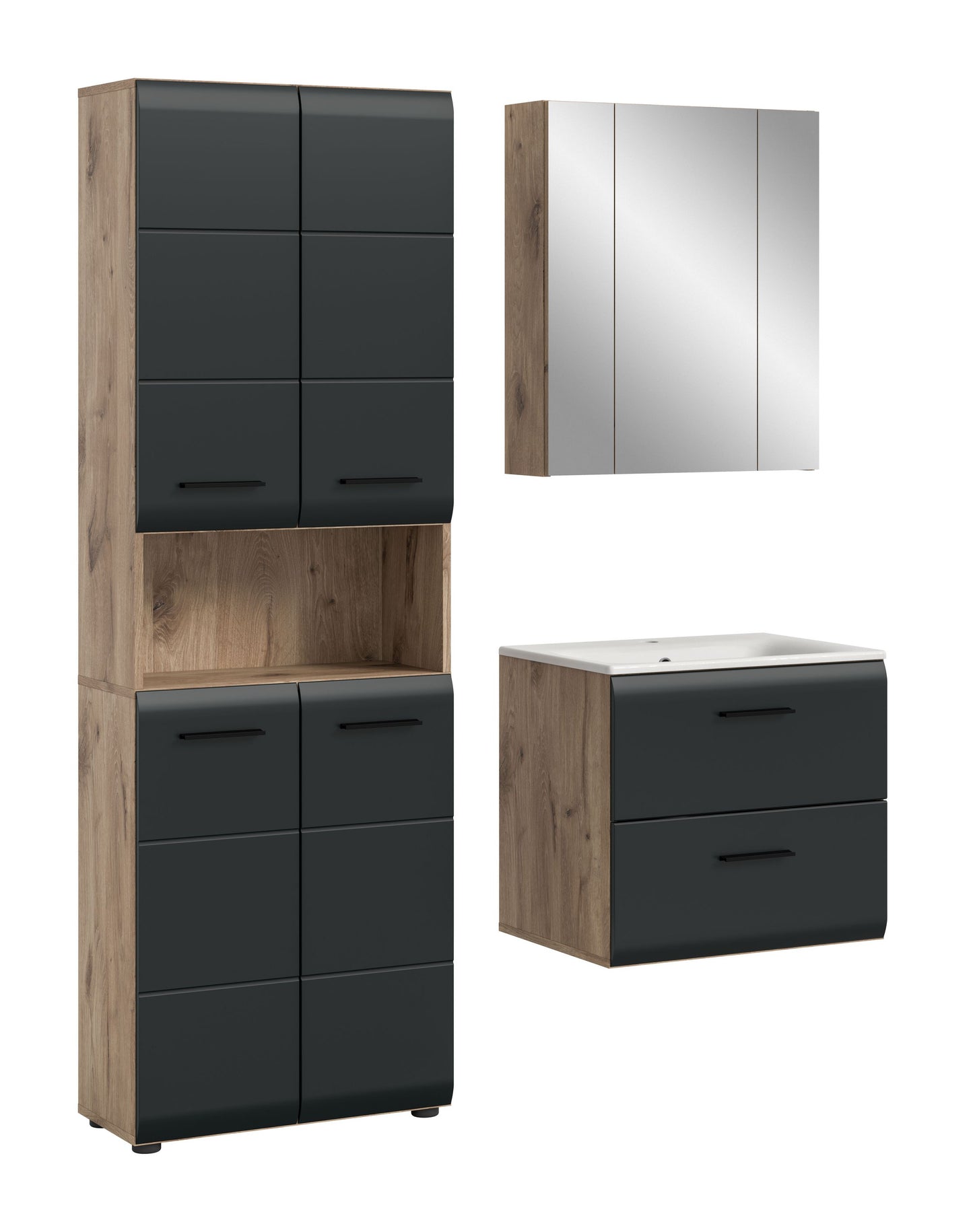 Badmöbel-Set in Holzdekor und Anthrazit mit Spiegelschrank und Waschtischunterschrank