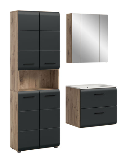 Badmöbel-Set in Holzdekor und Anthrazit mit Spiegelschrank und Waschtischunterschrank