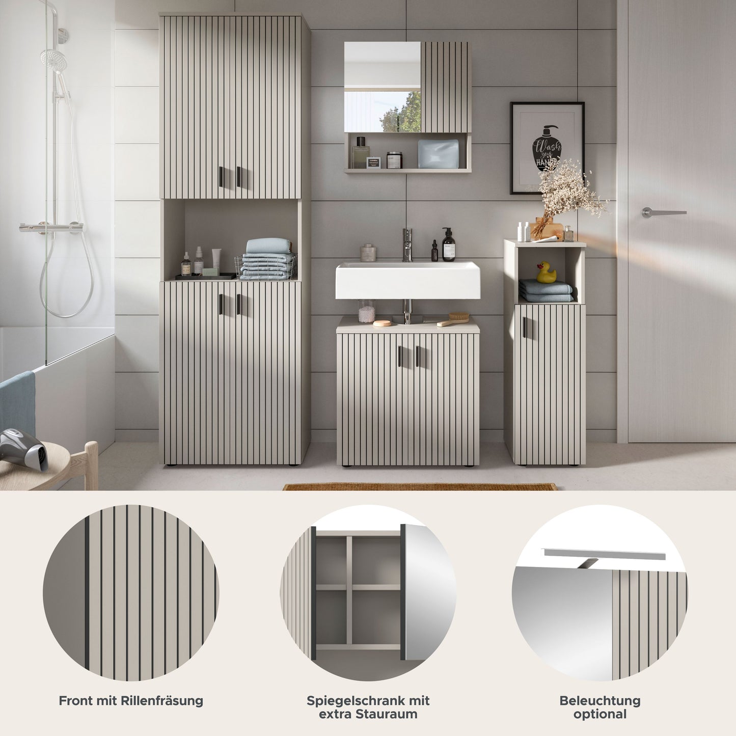 MONE Bathroom Furniture Set (W/H/D: approx. 180/192/30 cm) in Cashmere/Cashmere