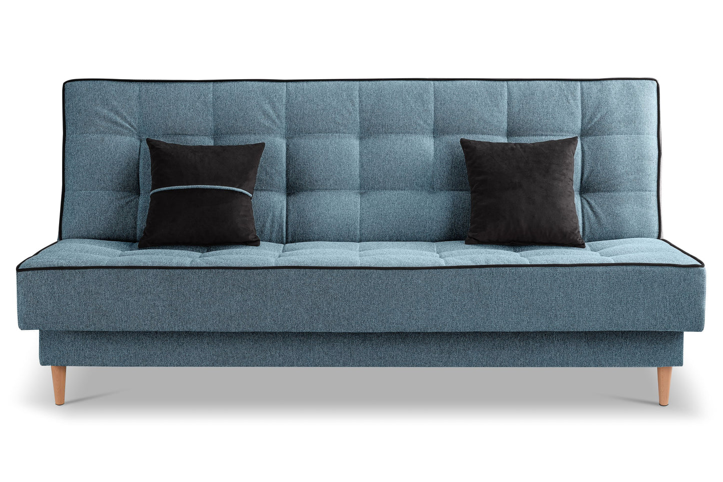 Schlafsofa mit blauem Stoffbezug und Quadersteppung, frontale Ansicht mit zwei Kissen