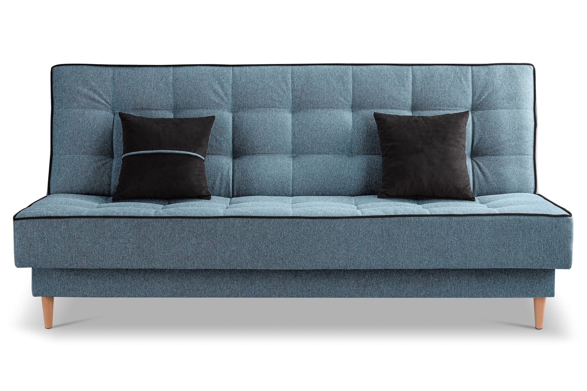 Schlafsofa mit blauem Stoffbezug und Quadersteppung, frontale Ansicht mit zwei Kissen