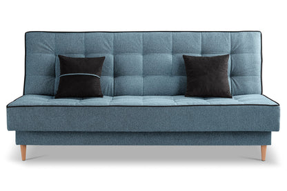 Schlafsofa mit blauem Stoffbezug und Quadersteppung, frontale Ansicht mit zwei Kissen