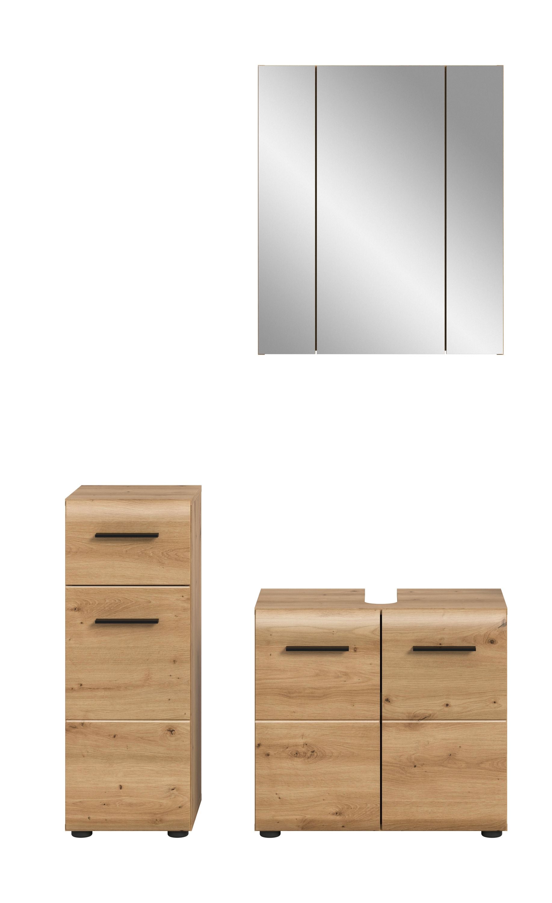 3-teiliges Badmöbel-Set in heller Holzoptik: Hochschrank und Unterschrank mit zwei Schubladen
