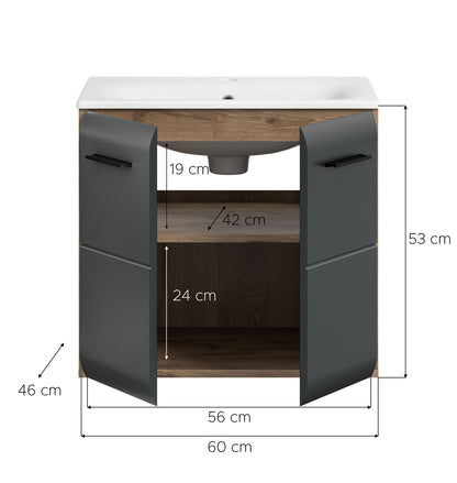 Meuble sous-vasque avec lavabo ICE (L/H/P : env. 60/55/46 cm) imitation chêne Nox/noir mat