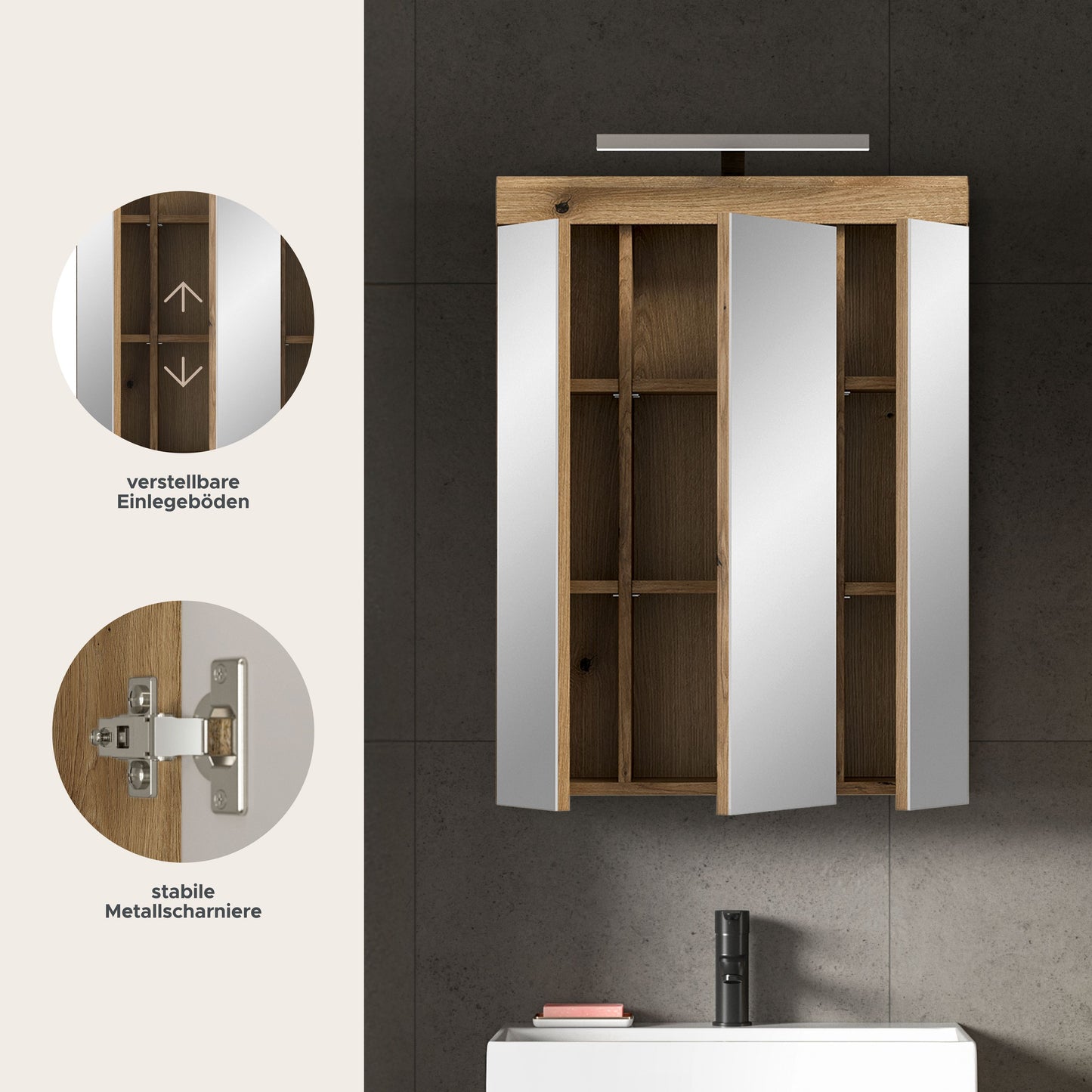 Armoire de toilette avec éclairage SCOUT (L/H/P : env. 60/79/18 cm) en imitation chêne Evoak/verre miroir