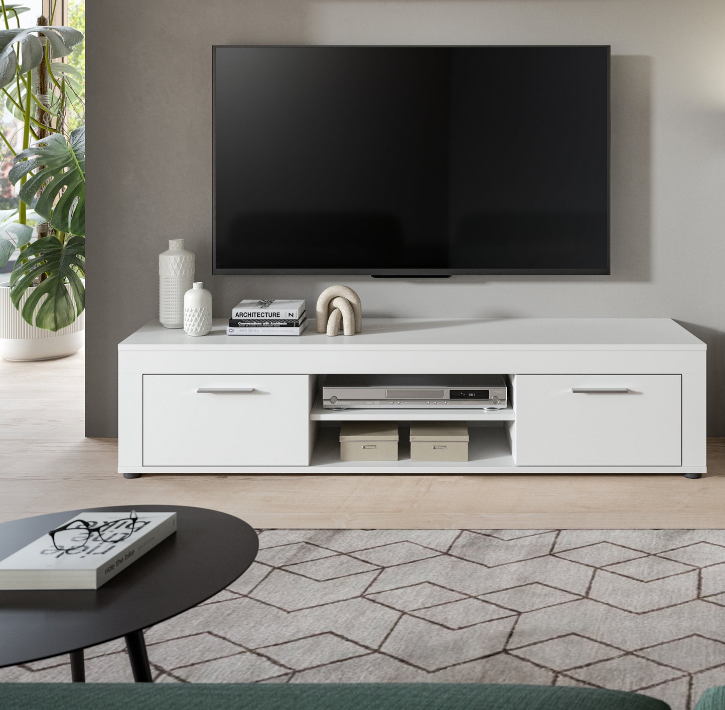 Meuble TV bas JAM (L/H/P : env. 160/37/40 cm) en imitation chêne Wotan/gris