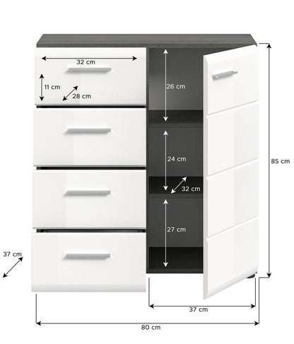 Homes & Jones-Kommode 80 cm, weiß Hochglanz, 85 cm hoch und 37 cm tief