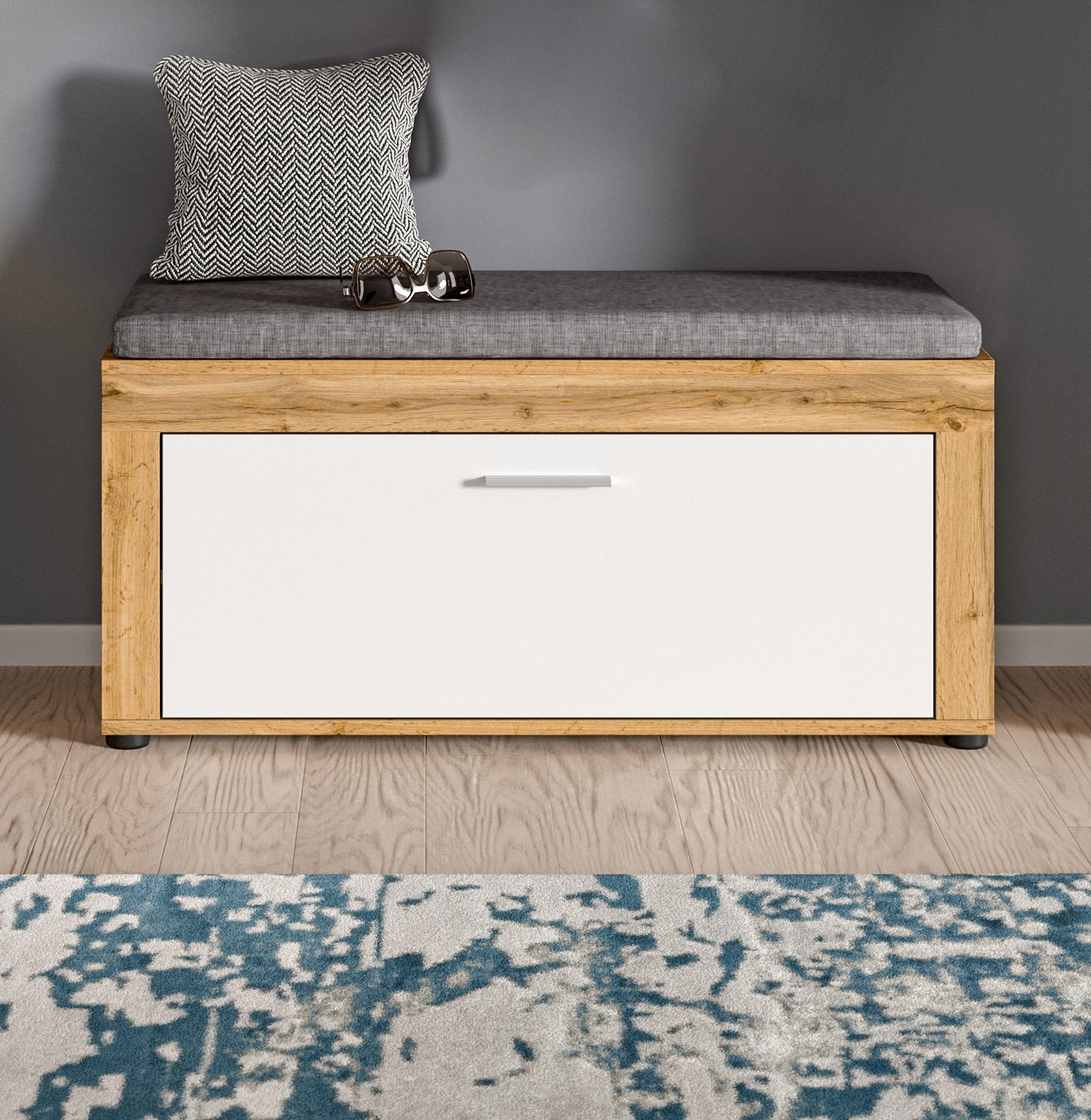 Banc avec coussin JAM (L/H/P : env. 100/44/35 cm) en décor chêne Wotan/blanc