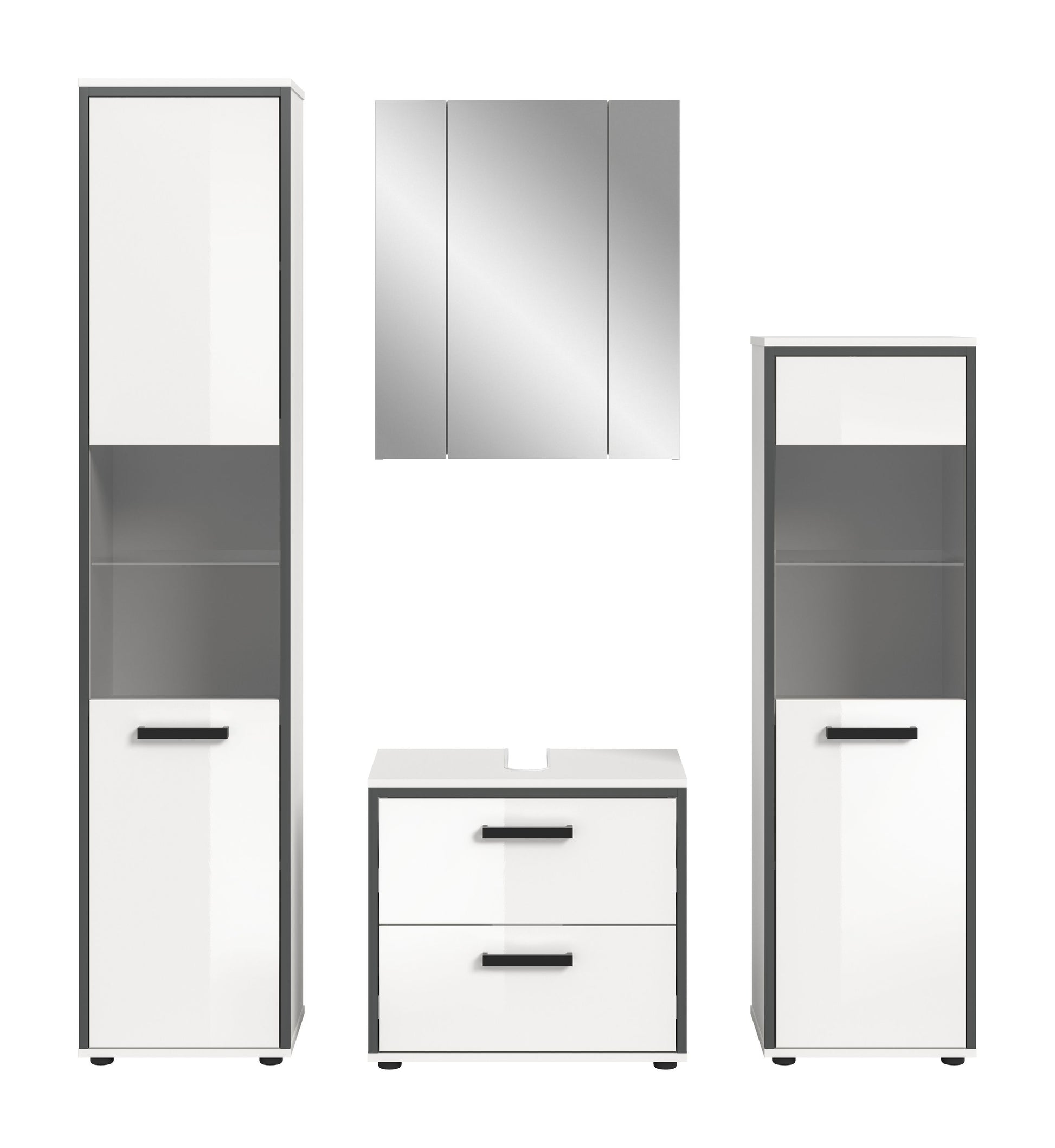 Badmöbel-Set (4-tlg.) Weiß Hochglanz: Spiegelschrank, Unterschrank mit zwei Schubkäden, Hochschrank