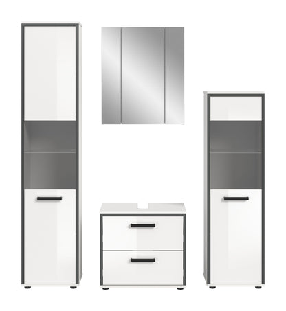 Badmöbel-Set (4-tlg.) Weiß Hochglanz: Spiegelschrank, Unterschrank mit zwei Schubkäden, Hochschrank