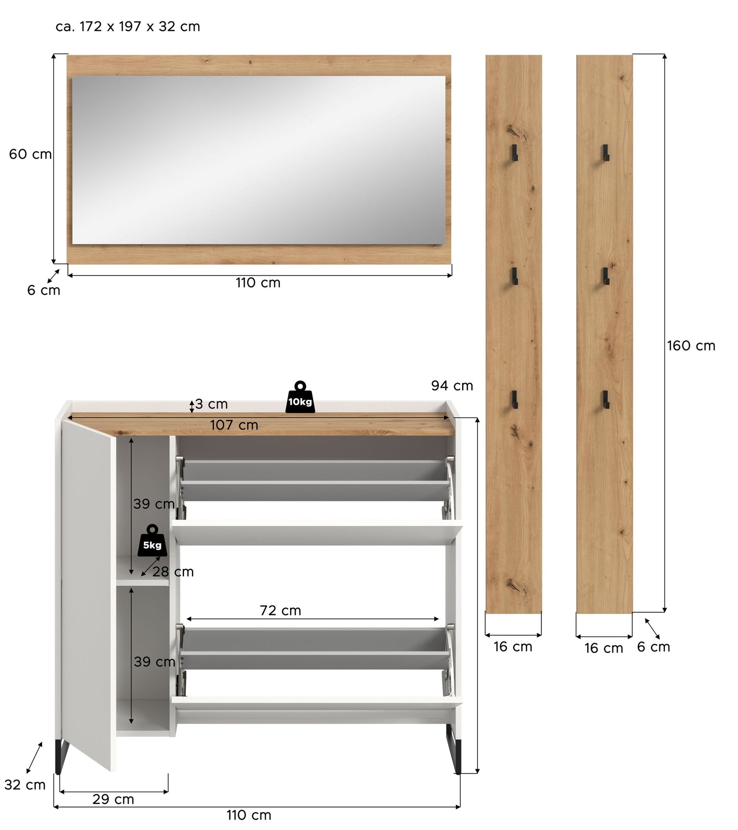 Homes & Jones Garderobe 4-tlg., Garderobenkomplettset, Dielenmöbel-Flurmöbel