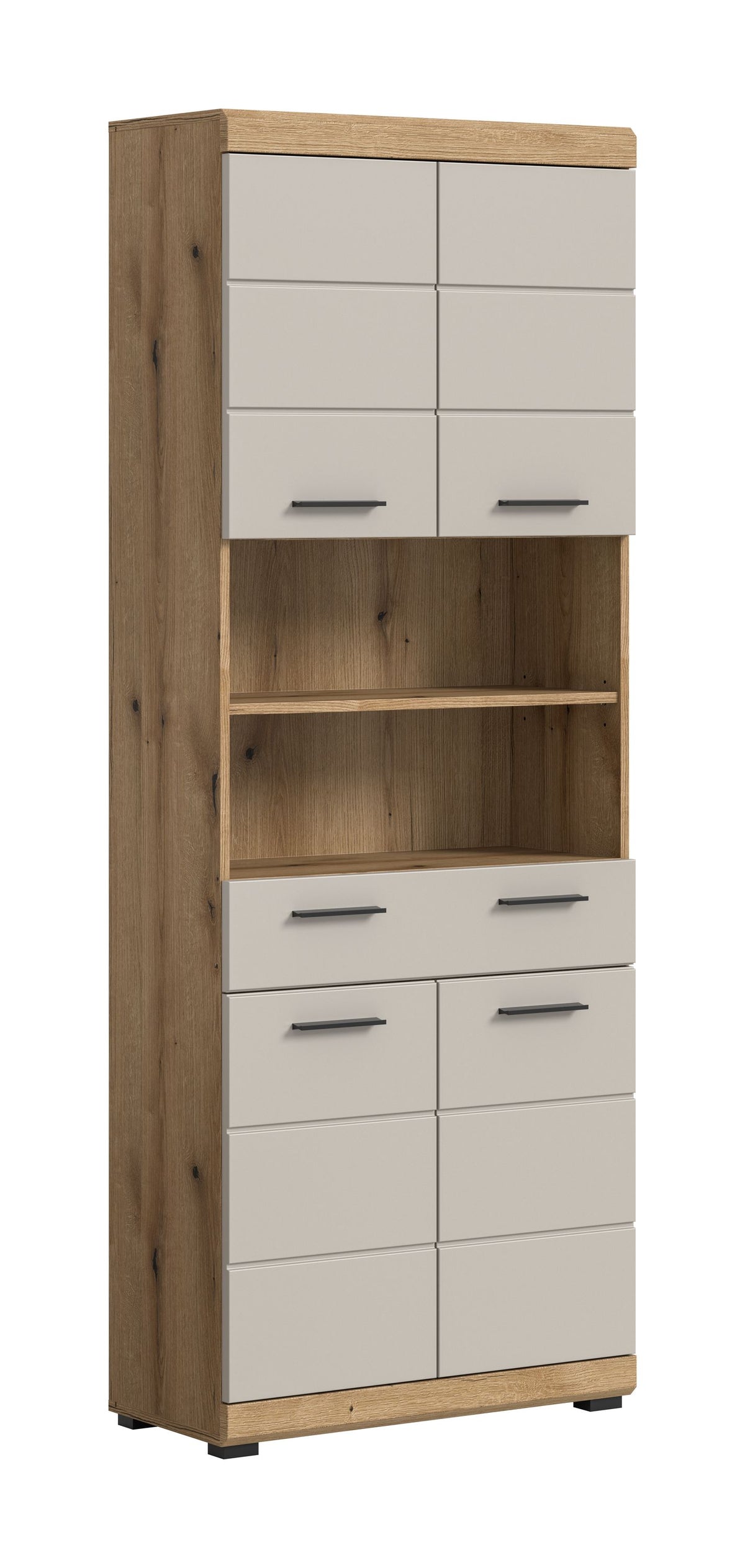 Badhochschrank mit offenen Fächern, Artisan-Eiche-Optik und hellgrauen Türen