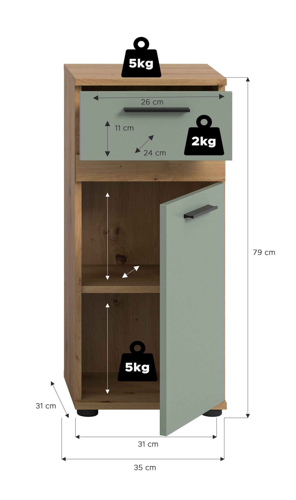 Badezimmerschrank mit Maßen, graublau, Holz, zwei Schubladen mit Griffen