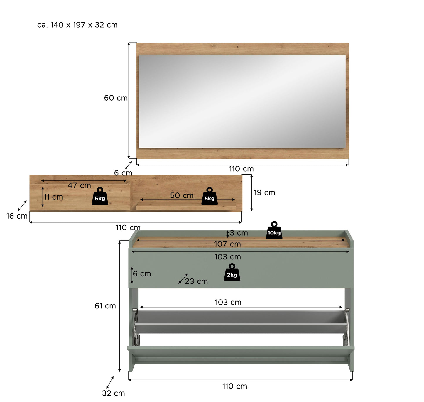 Ensemble de vestibule DRIVE (L/H/P : env. 140/192/32 cm) en sauge/sauge