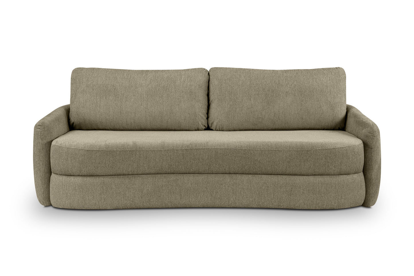 Schlafsofa von vorn mit olivgrünem Stoffbezug, zwei Rückenkissen und durchgehender Sitzfläche
