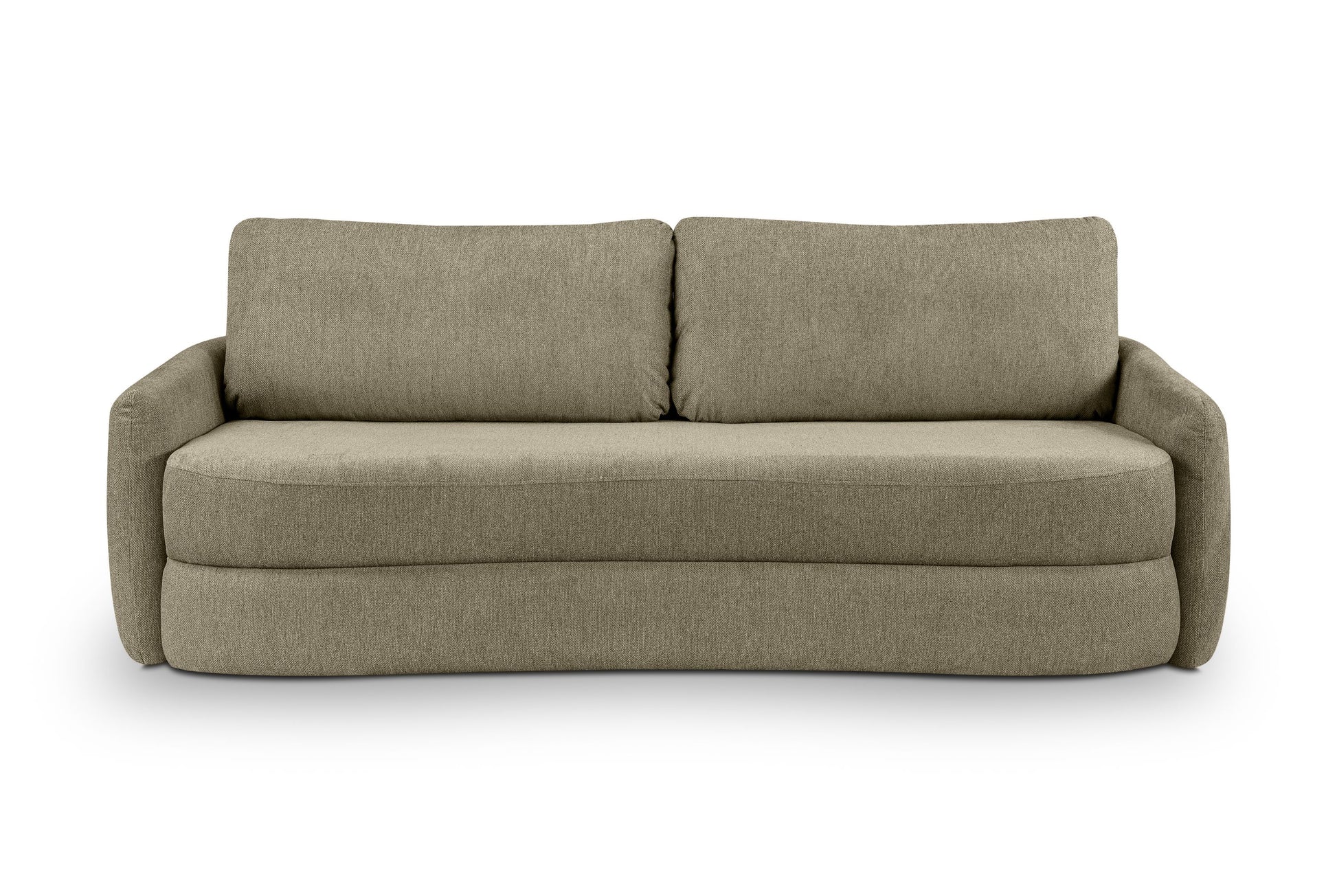 Schlafsofa von vorn mit olivgrünem Stoffbezug, zwei Rückenkissen und durchgehender Sitzfläche
