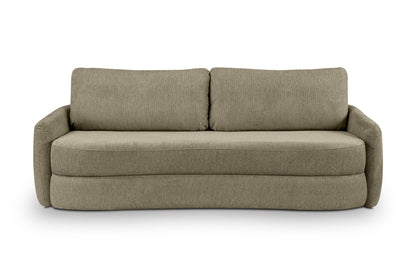 Schlafsofa von vorn mit olivgrünem Stoffbezug, zwei Rückenkissen und durchgehender Sitzfläche