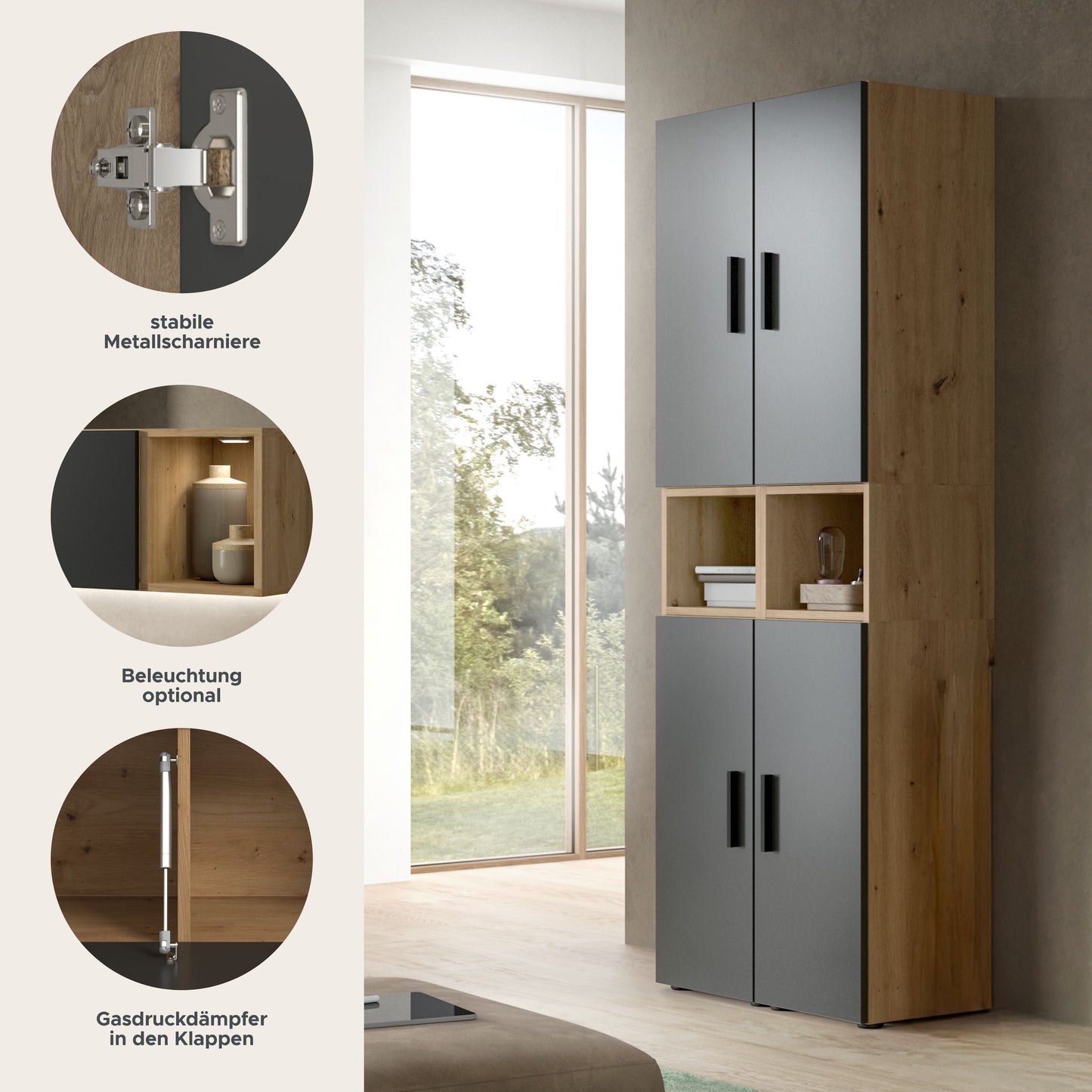 Wall Unit THE ONE (W/H/D: approx. 65/178/34 cm) in Artisan Oak finish/Smoke Green