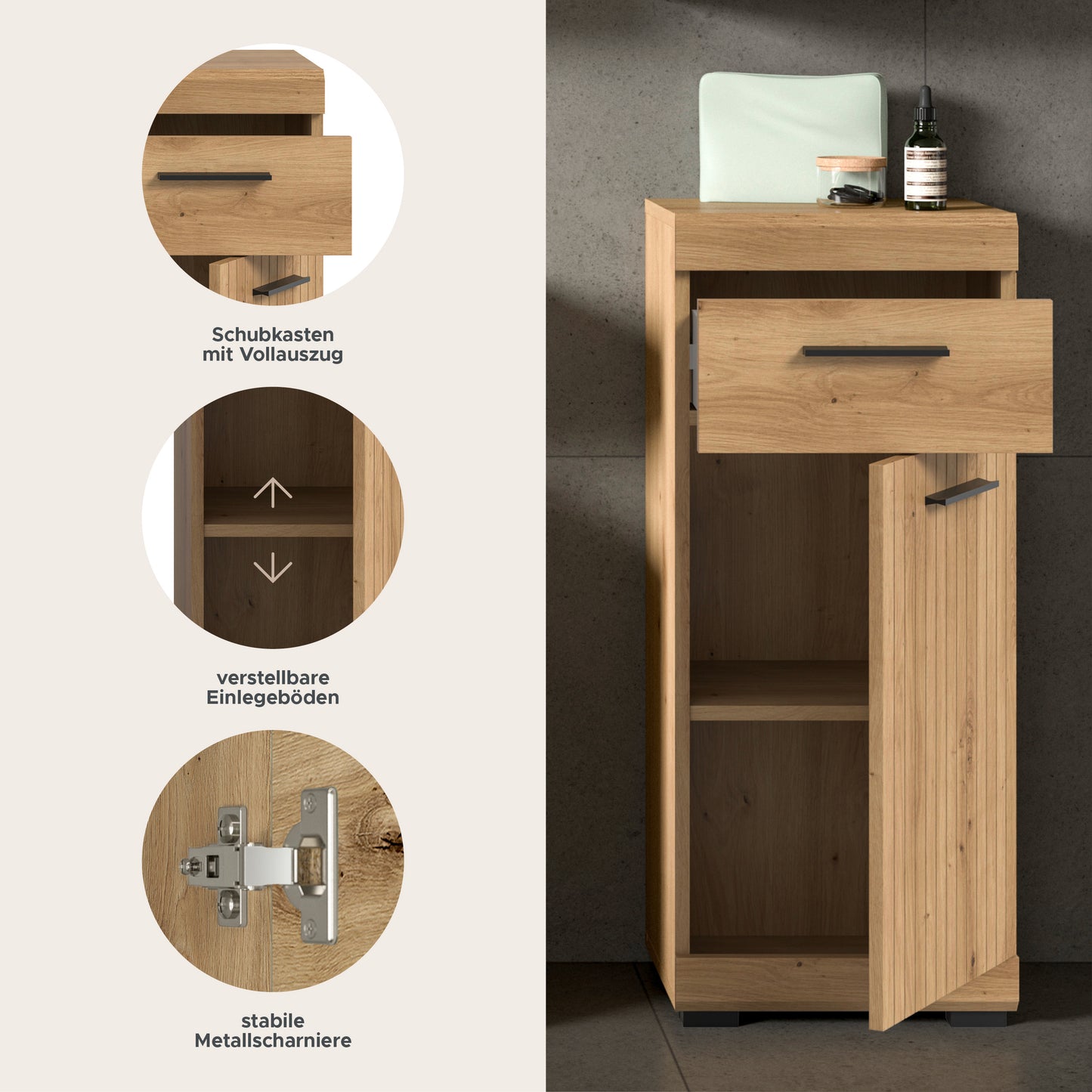 Homes & Jones schmale Badkommode mit Schublade, Holzoptik, offene Fächer, Griffmulden