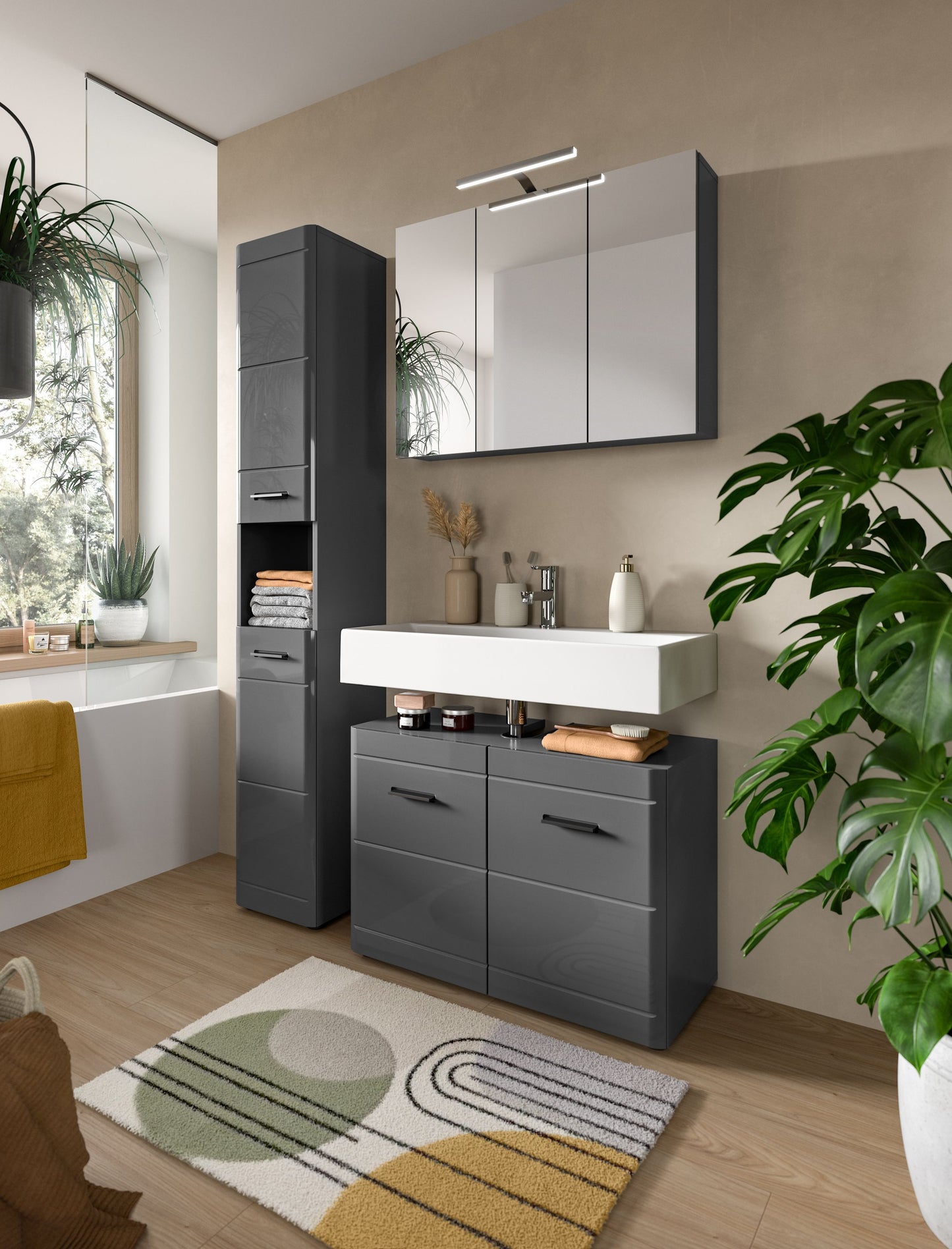 Homes & Jones Badspiegelschrank über Waschtisch, grau, 3 Spiegeltüren im Badezimmer
