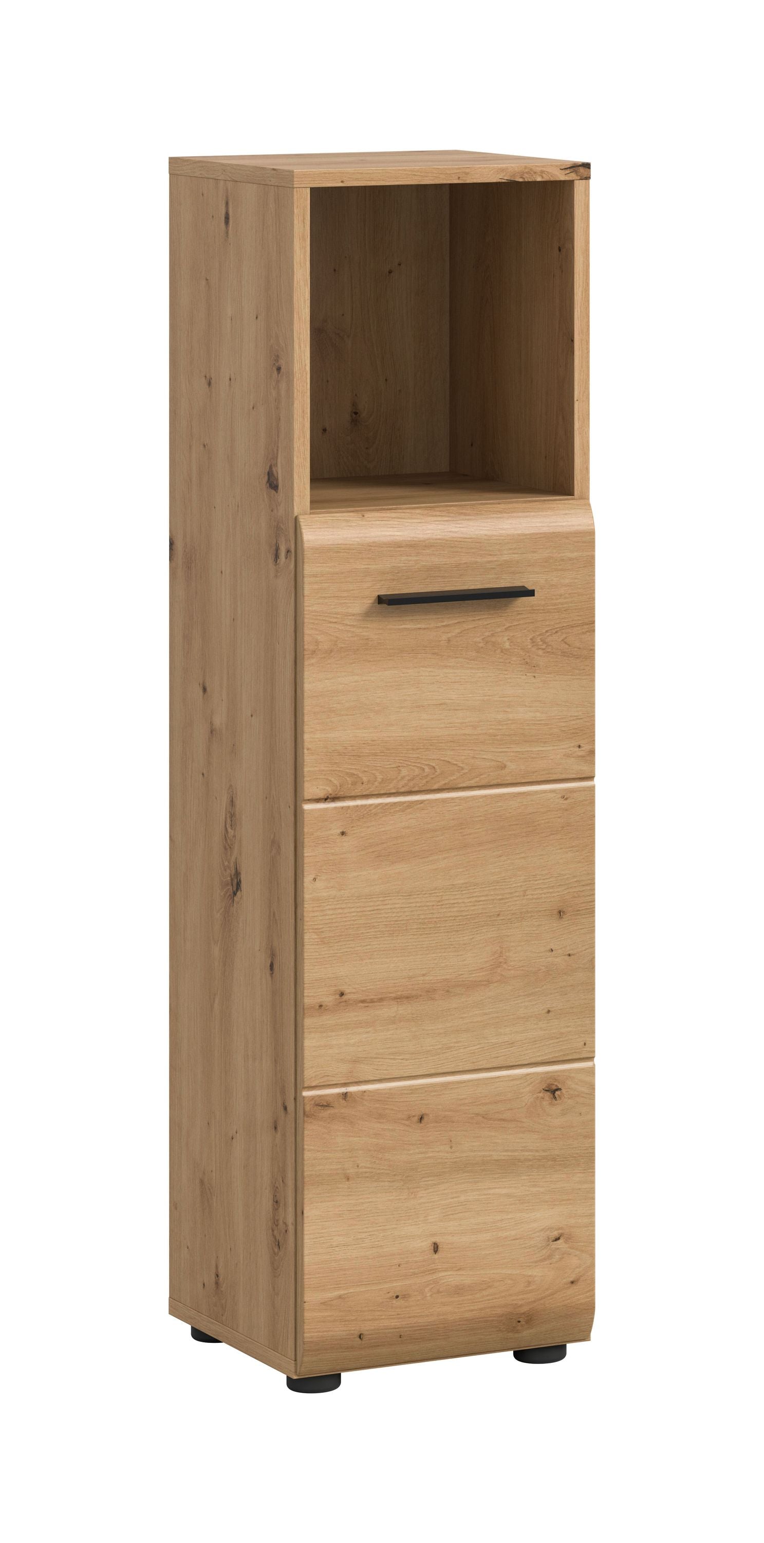 Schmaler Badezimmerschrank aus hellem Holz mit offenem Fach und Schublade, Griffleiste