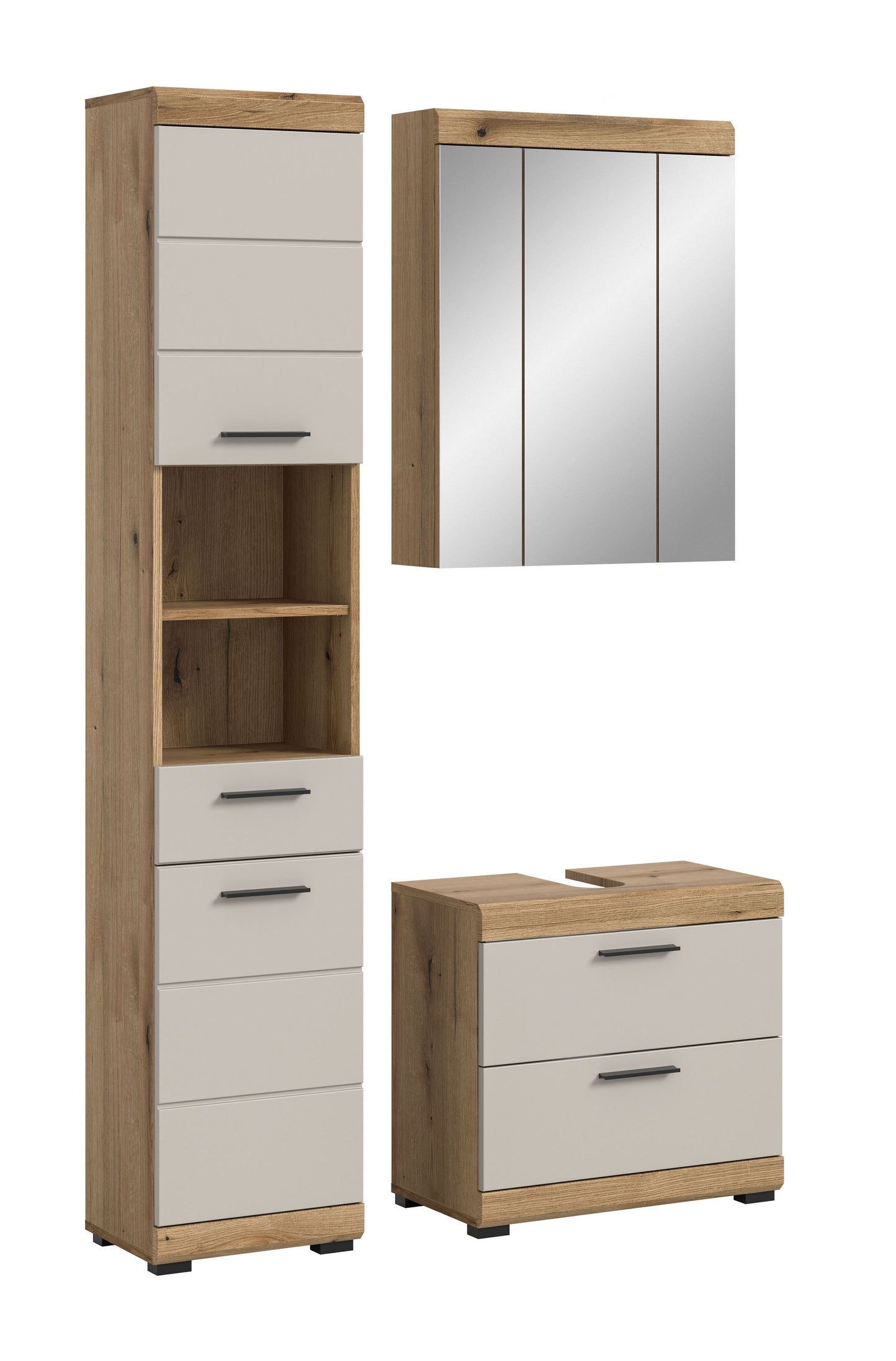 Badezimmerset mit Spiegelschrank, Hochschrank und Waschtischunterschrank; Fronten weiß