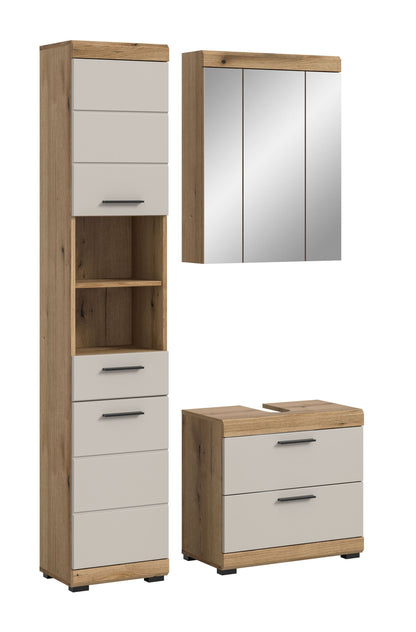 Badezimmerset mit Spiegelschrank, Hochschrank und Waschtischunterschrank; Fronten weiß