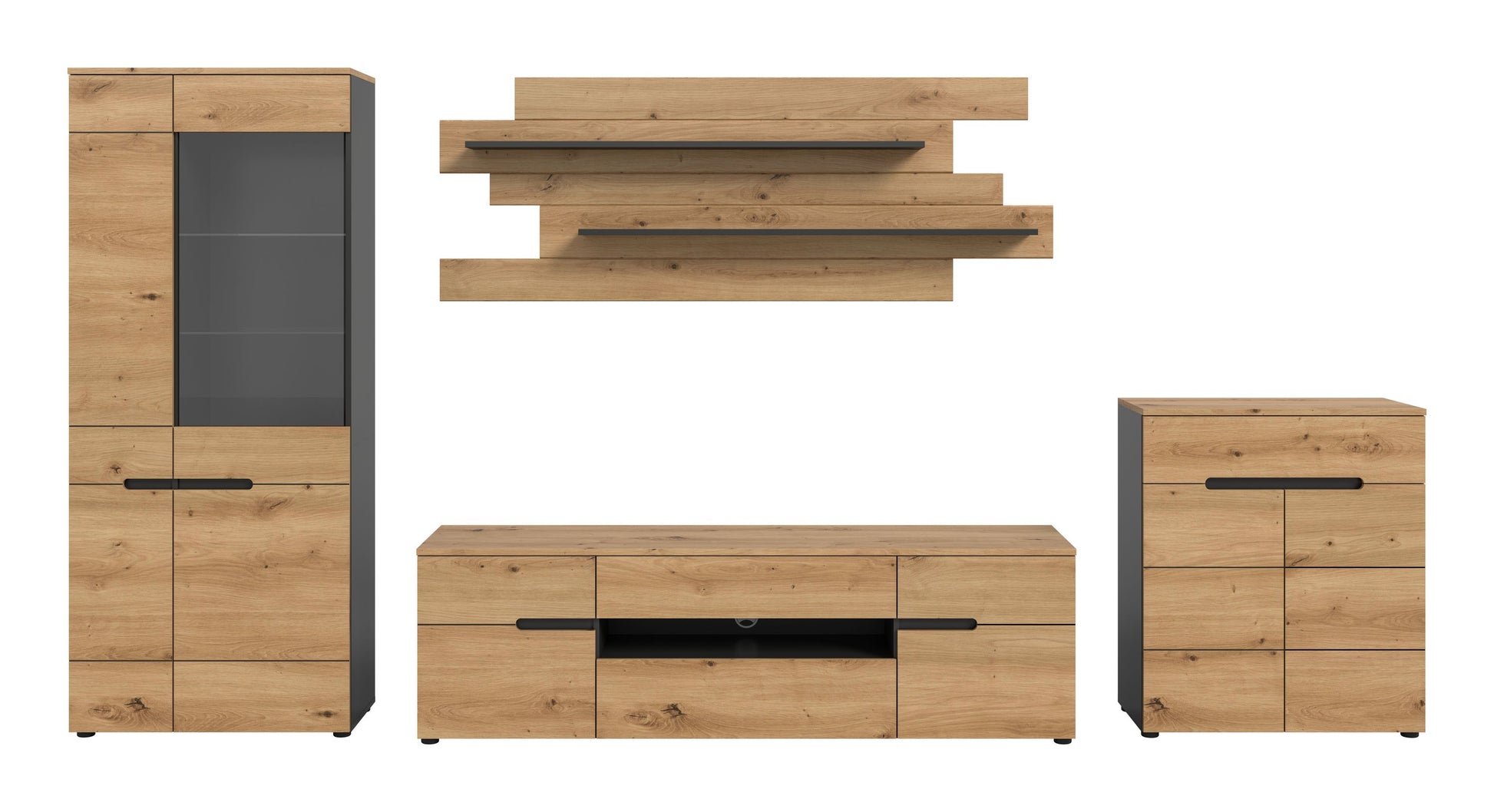 Wohnwand Holzoptik mit Vitrine, Lowboard und Wandboard; braune Fronten mit grauem Einsatz
