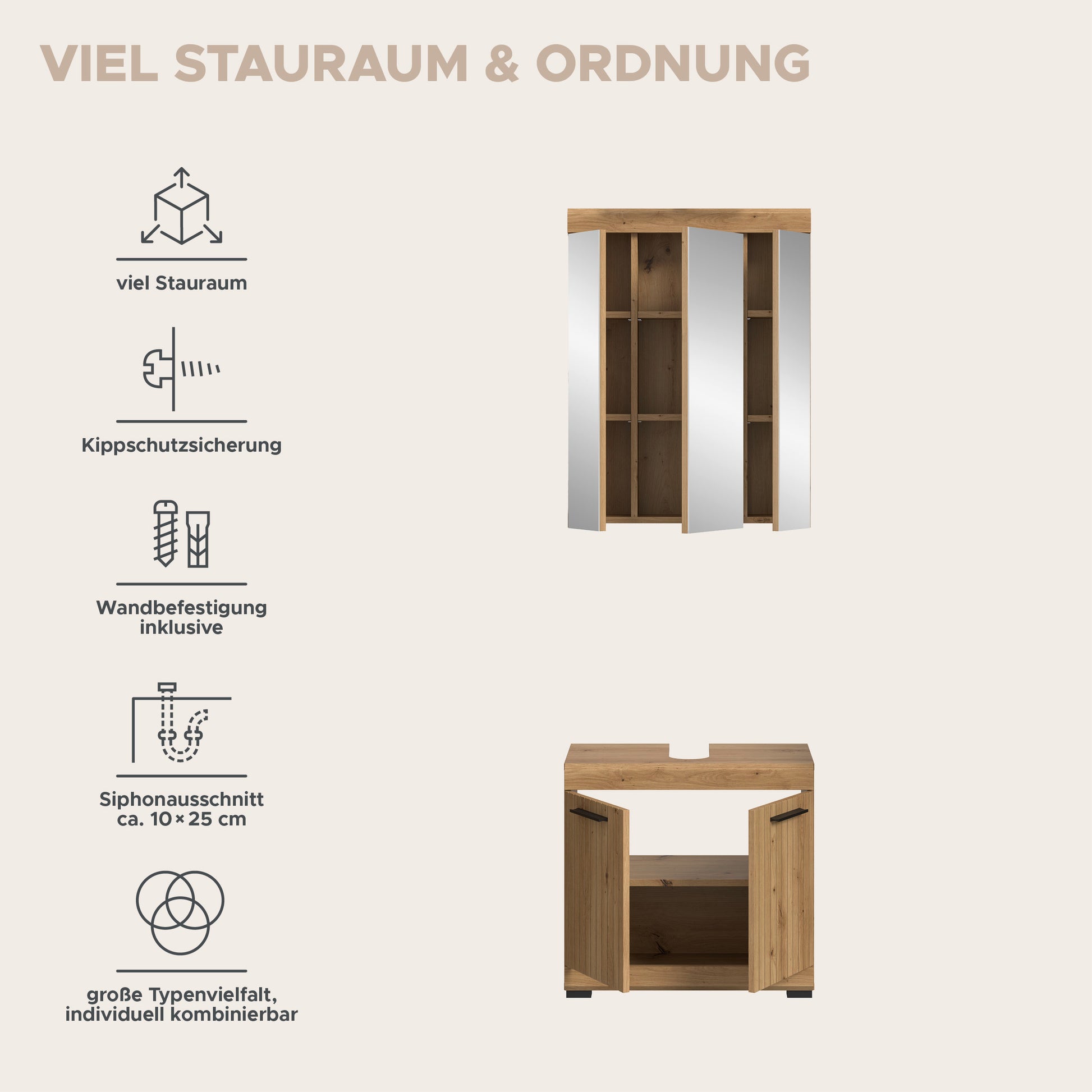Badezimmerschrank im Set, mit Spiegelschrank-Oberteil und offener Innenablage