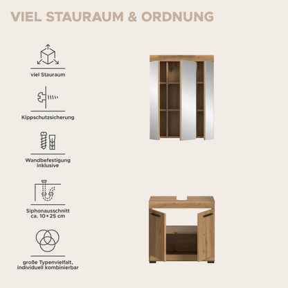 Badezimmerschrank im Set, mit Spiegelschrank-Oberteil und offener Innenablage