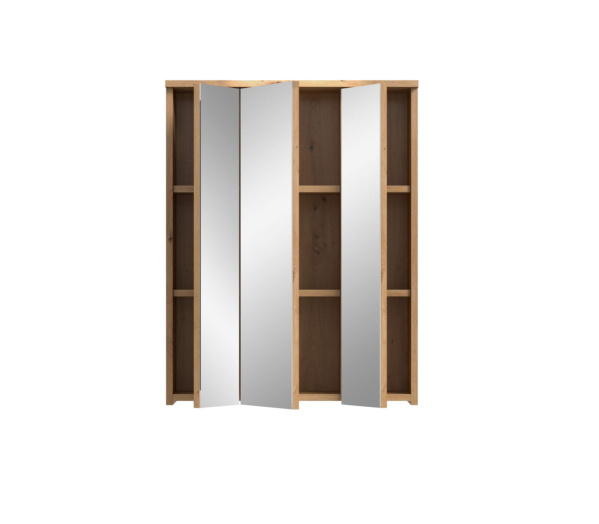 Badspiegelschrank mit 3 Spiegeltüren, geöffnet, seitliche Fächer und innenliegende Ablage